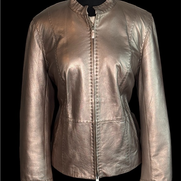 Sigrid Olsen Size L Buttery Soft Lamb Leather Jacket Metalic Champagne Gold Zip - Picture 3 of 11